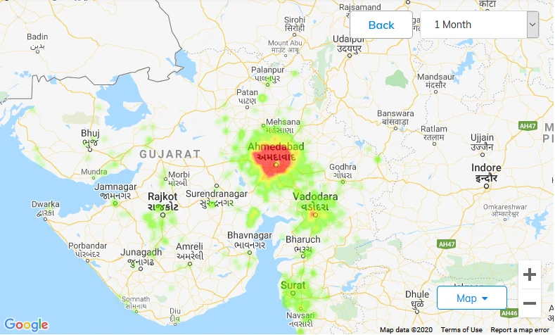 Heat map of Gujarat showing property demand concentrated around Ahmedabad, Vadodara and Surat