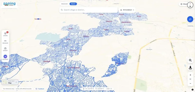 Village and survey boundaries around Ahmedabad on Zoning Maps